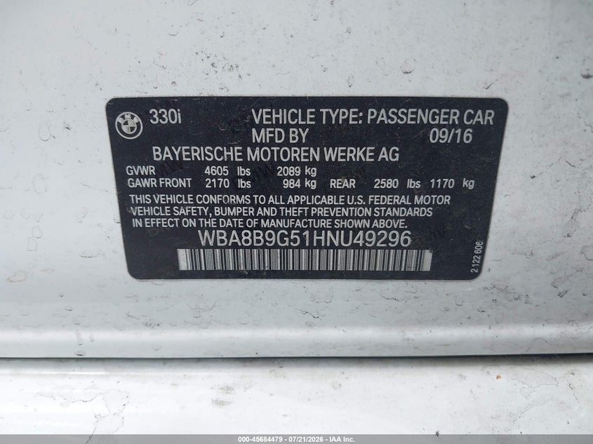 2017 BMW 3 Series 330I VIN: WBA8B9G51HNU49296 Lot: 45684479