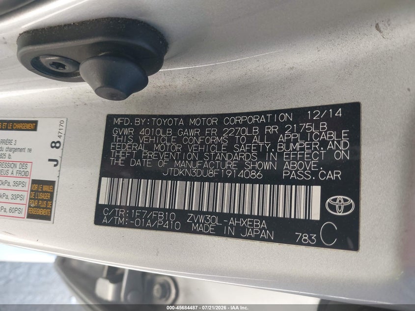 2015 Toyota Prius Three VIN: JTDKN3DU8F1914086 Lot: 45684487