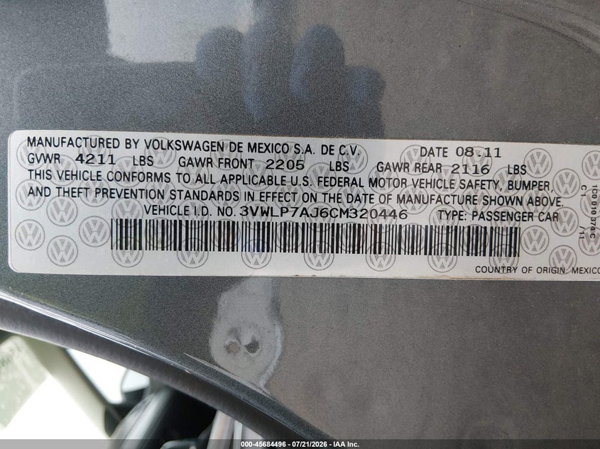 2012 Volkswagen Jetta 2.5L Sel VIN: 3VWLP7AJ6CM320446 Lot: 45684496