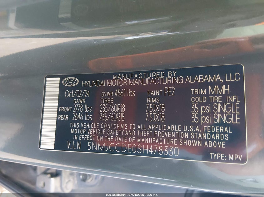 2025 Hyundai Tucson Sel Convenience VIN: 5NMJCCDE0SH478330 Lot: 45684501