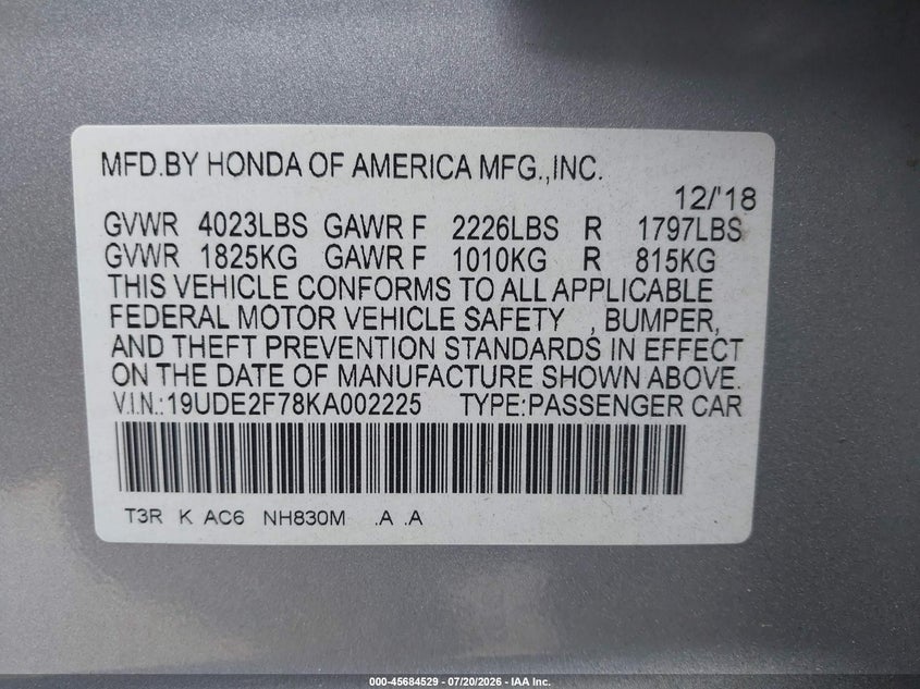 2019 Acura Ilx Premium Package/Technology Package VIN: 19UDE2F78KA002225 Lot: 45684529