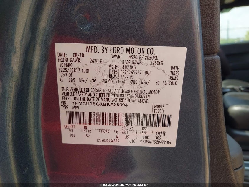 2011 Ford Escape Limited VIN: 1FMCU0EGXBKA25904 Lot: 45684549