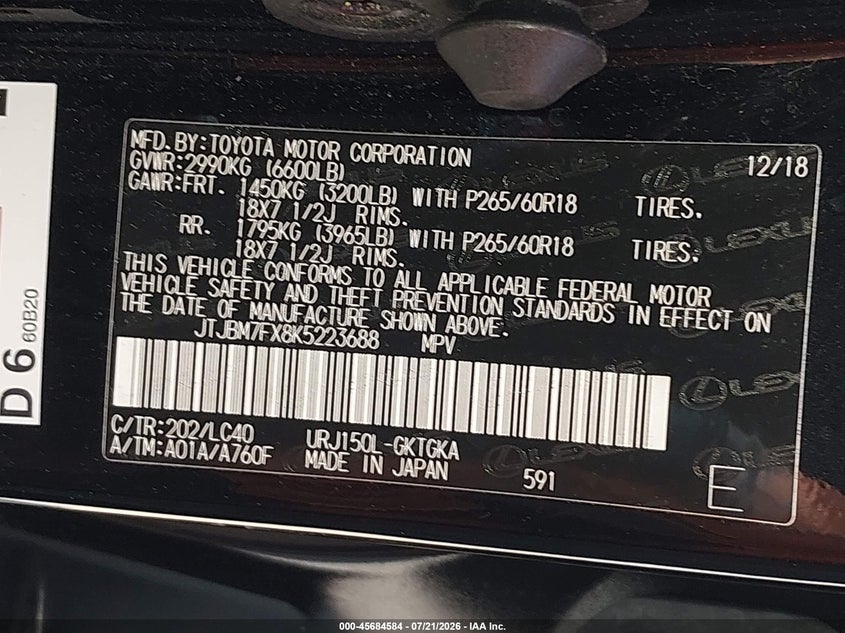 2019 Lexus Gx 460 Premium VIN: JTJBM7FX8K5223688 Lot: 45684584