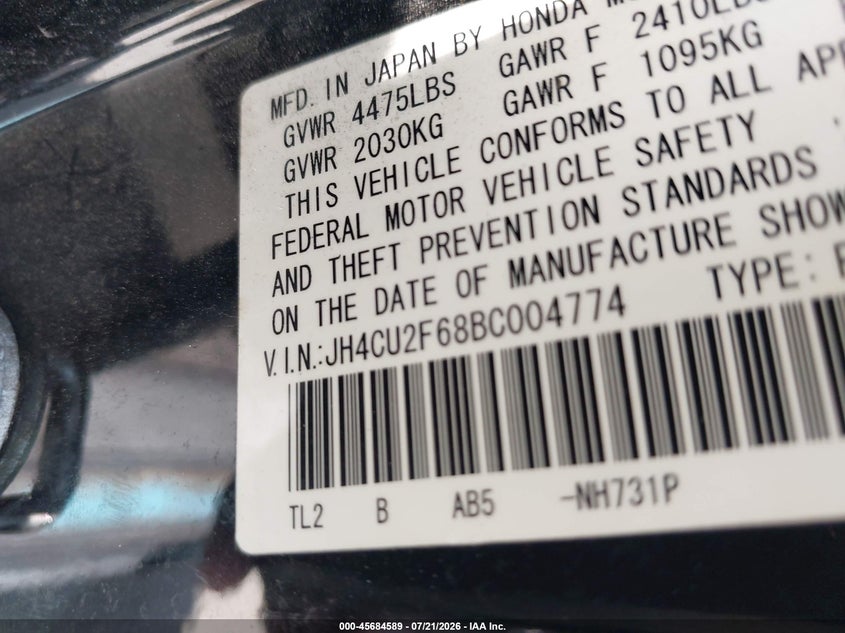 2011 Acura Tsx 2.4 VIN: JH4CU2F68BC004774 Lot: 45684589