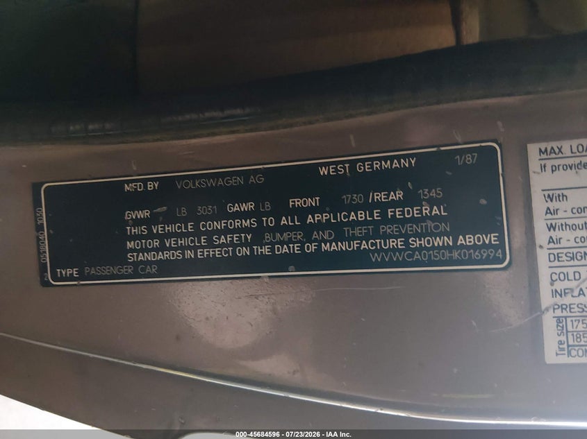 VOLKSWAGEN CABRIOLET 1987 VIN WVWCA0150HK016994