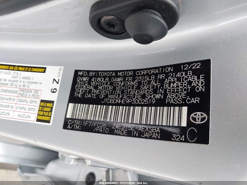 2023 Toyota Corolla Hybrid Se VIN: JTDBDMHE9P3002519 Lot: 45684601
