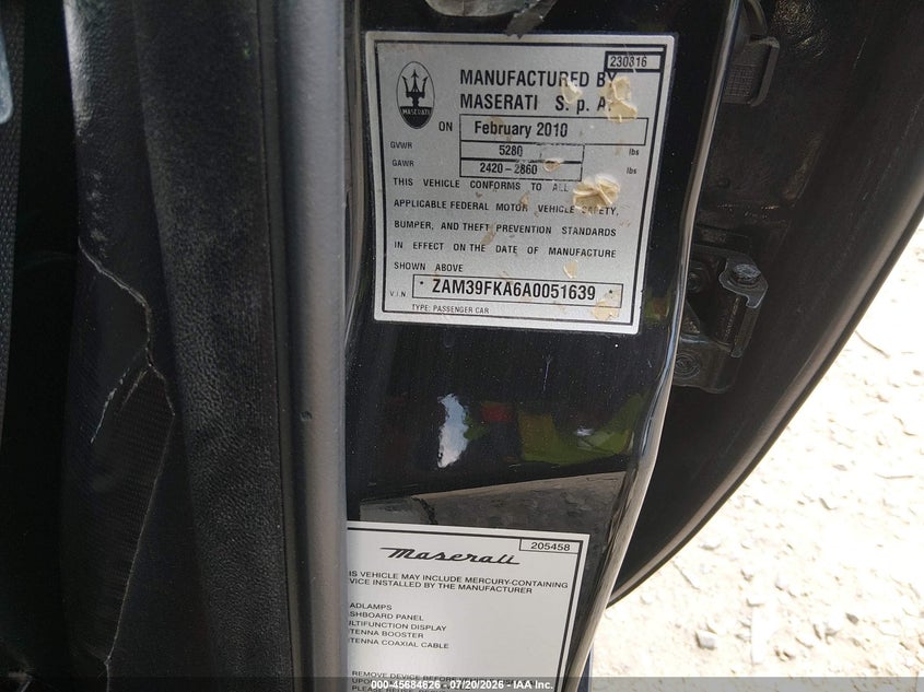 2010 Maserati Quattroporte VIN: ZAM39FKA6A0051639 Lot: 45684626
