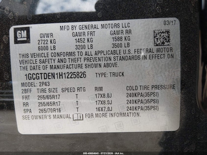 2017 Chevrolet Colorado 4Wd Z71 VIN: 1GCGTDEN1H1225826 Lot: 45684645