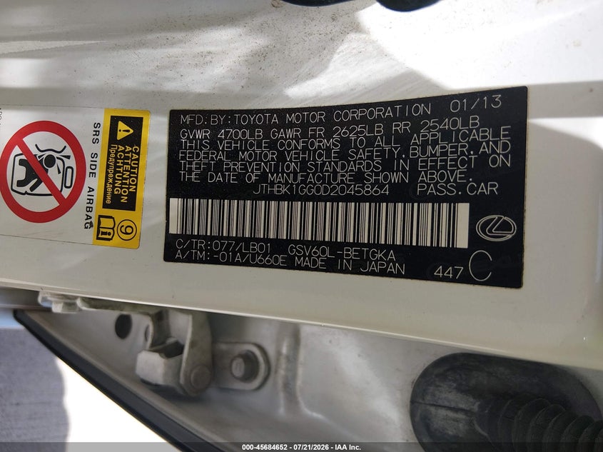 2013 Lexus Es 350 VIN: JTHBK1GG0D2045864 Lot: 45684652