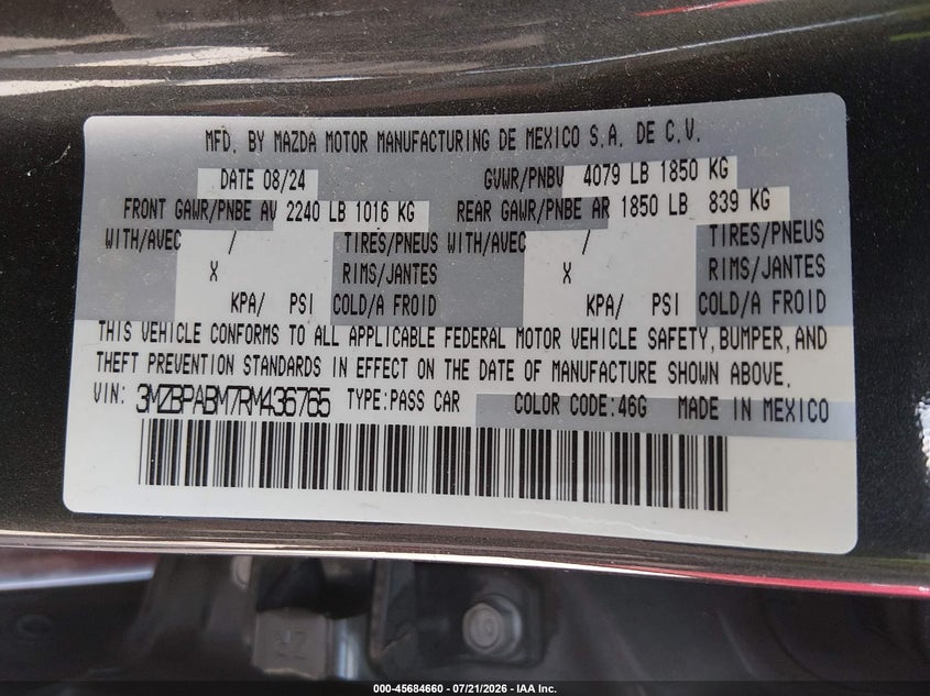 2024 Mazda Mazda3 2.5 S Select Sport VIN: 3MZBPABM7RM436765 Lot: 45684660