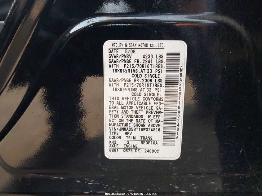 2008 Nissan Rogue S VIN: JN8AS58T18W024816 Lot: 45684662