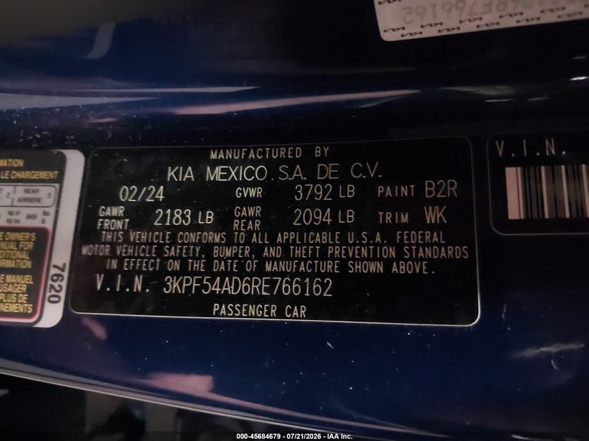 2024 Kia Forte Gt-Line VIN: 3KPF54AD6RE766162 Lot: 45684679