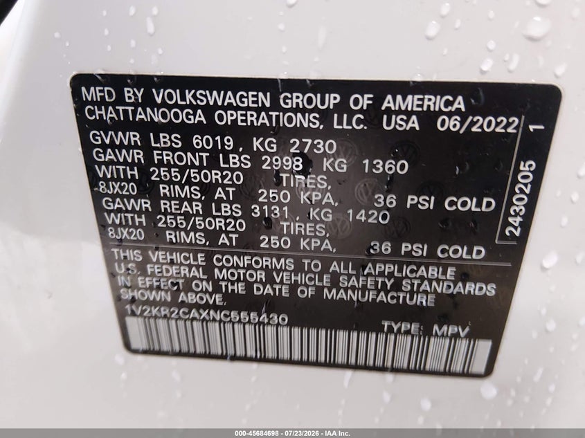VOLKSWAGEN ATLAS 2022 VIN 1V2KR2CAXNC555430