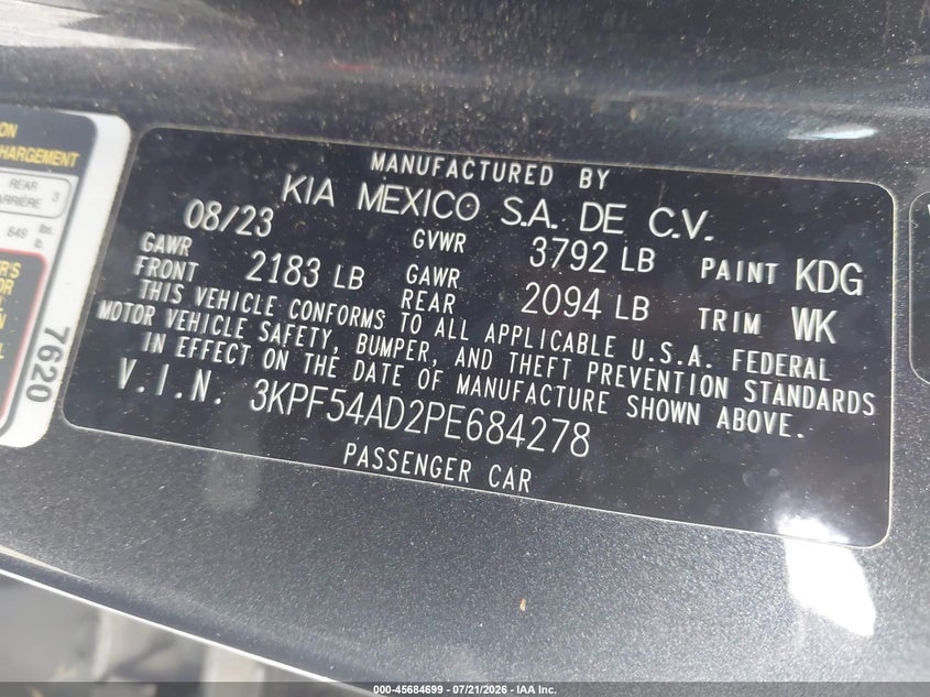 2023 Kia Forte Gt-Line VIN: 3KPF54AD2PE684278 Lot: 45684699