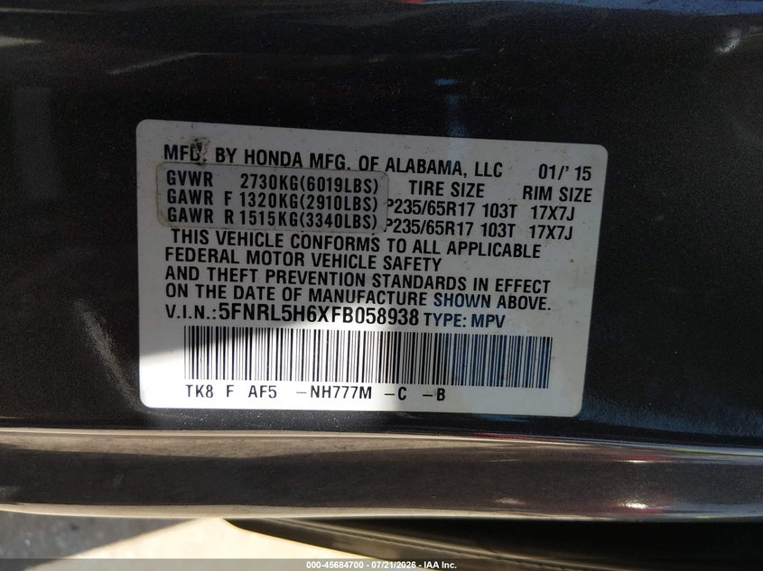 2015 Honda Odyssey Ex-L VIN: 5FNRL5H6XFB058938 Lot: 45684700