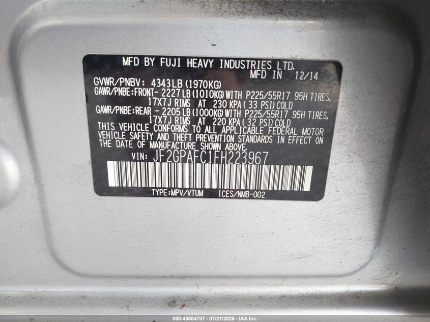 2015 Subaru Xv Crosstrek 2.0I Premium VIN: JF2GPAFC1FH223967 Lot: 45684707