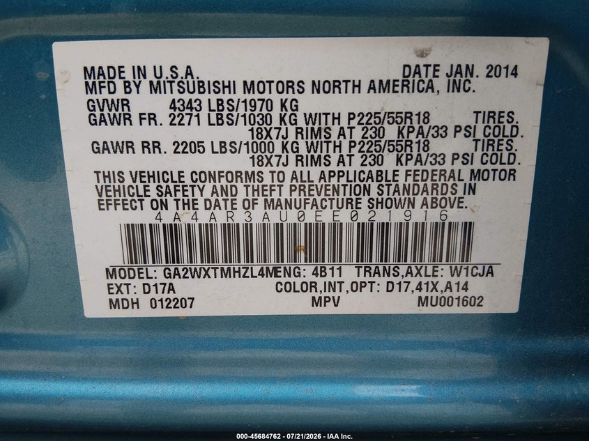 2014 Mitsubishi Outlander Sport Es VIN: 4A4AR3AU0EE021916 Lot: 45684762