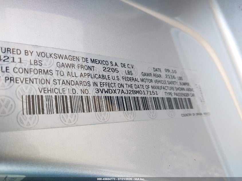 2011 Volkswagen Jetta 2.5L Se VIN: 3VWDX7AJ2BM017151 Lot: 45684773