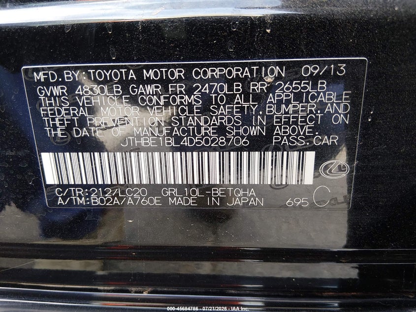 2013 Lexus Gs 350 VIN: JTHBE1BL4D5028706 Lot: 45684786