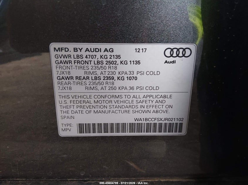 2018 Audi Q3 2.0T Premium/2.0T Sport Premium VIN: WA1BCCFSXJR021102 Lot: 45684799