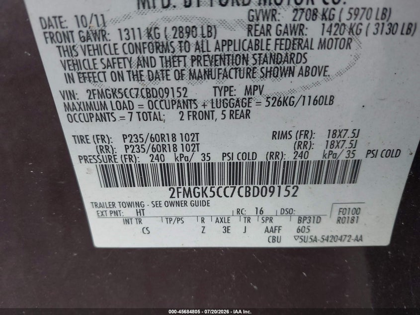 2012 Ford Flex Sel VIN: 2FMGK5CC7CBD09152 Lot: 45684805