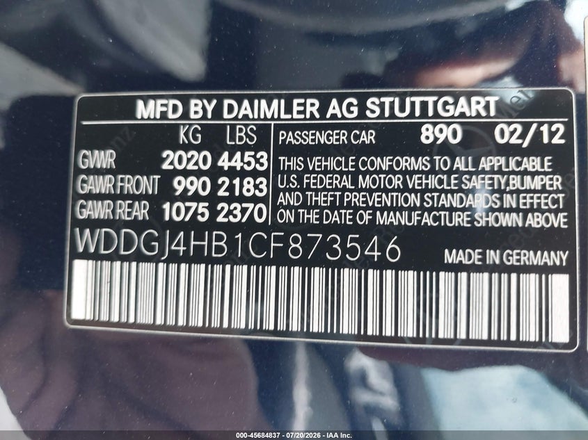 2012 Mercedes-Benz C 250 VIN: WDDGJ4HB1CF873546 Lot: 45684837