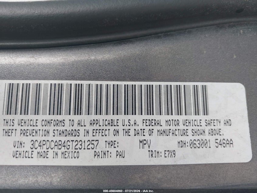 2016 Dodge Journey Se VIN: 3C4PDCAB4GT231257 Lot: 45684860