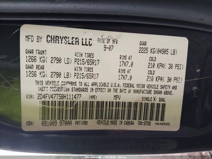 2008 Dodge Magnum VIN: 2D4FV47T58H111477 Lot: 45684865