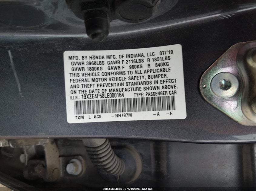 2020 Honda Insight Ex VIN: 19XZE4F58LE000164 Lot: 45684876
