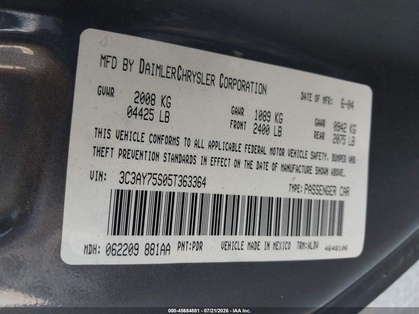 2005 Chrysler Pt Cruiser Gt VIN: 3C3AY75S05T363364 Lot: 45684881