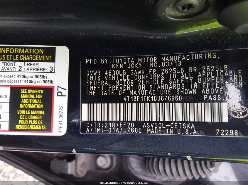 2013 Toyota Camry Se VIN: 4T1BF1FK1DU676960 Lot: 45684889