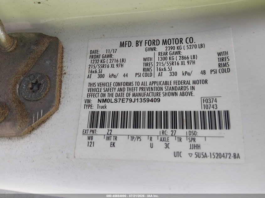 2018 Ford Transit Connect Xl VIN: NM0LS7E79J1359409 Lot: 45684890
