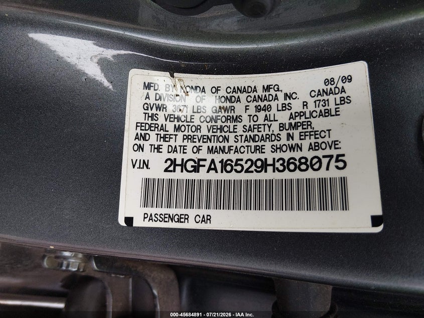 2009 Honda Civic Lx VIN: 2HGFA16529H368075 Lot: 45684891