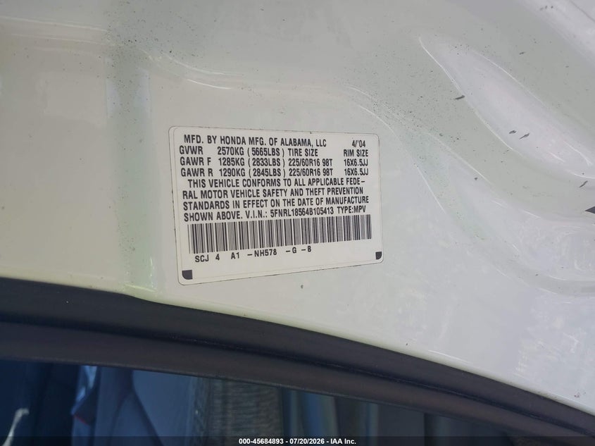 2004 Honda Odyssey Lx VIN: 5FNRL18564B105413 Lot: 45684893