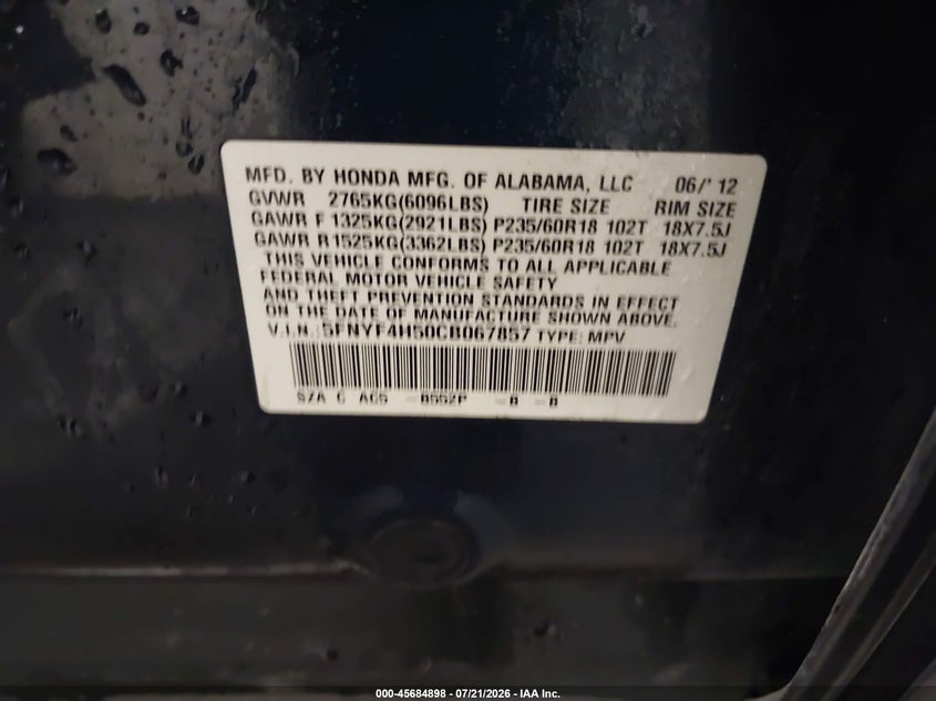 2012 Honda Pilot Ex-L VIN: 5FNYF4H50CB067857 Lot: 45684898