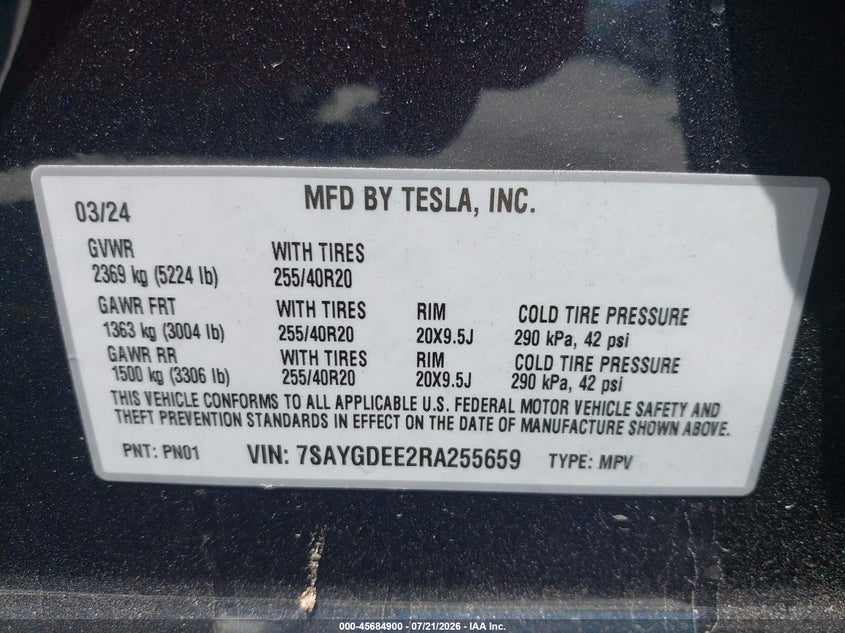 2024 Tesla Model Y Long Range Dual Motor All-Wheel Drive VIN: 7SAYGDEE2RA255659 Lot: 45684900