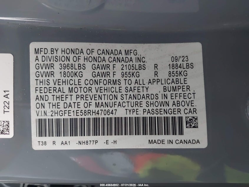 2024 Honda Civic Si Sedan VIN: 2HGFE1E58RH470647 Lot: 45684902