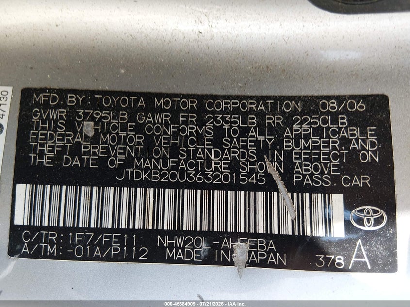 2006 Toyota Prius VIN: JTDKB20U363201545 Lot: 45684909