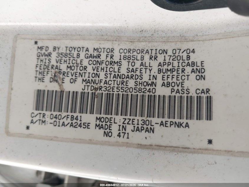 2005 Toyota Corolla Le VIN: JTDBR32E552058240 Lot: 45684912