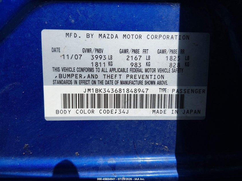 2008 Mazda Mazda3 S Sport VIN: JM1BK343681848947 Lot: 45684941