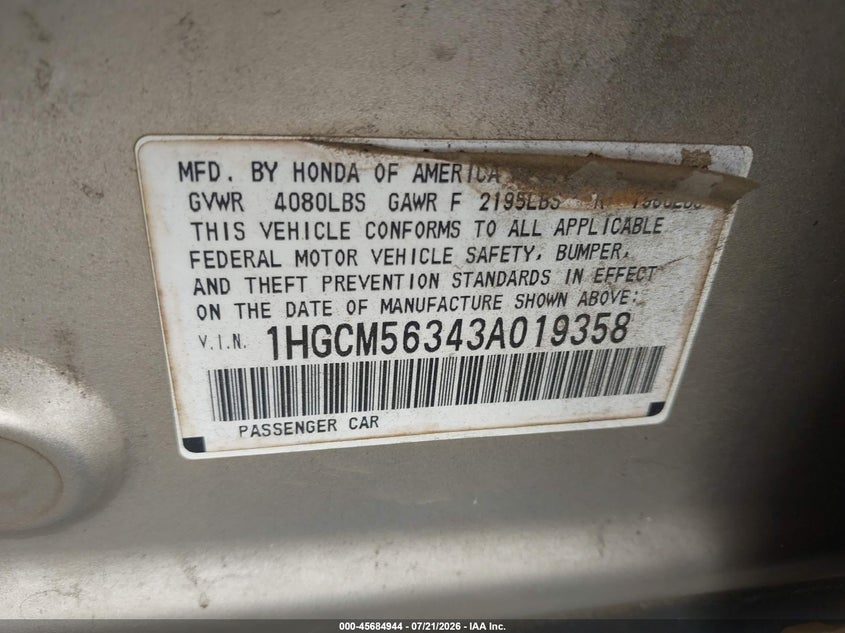 2003 Honda Accord Sdn Lx VIN: 1HGCM56343A019358 Lot: 45684944