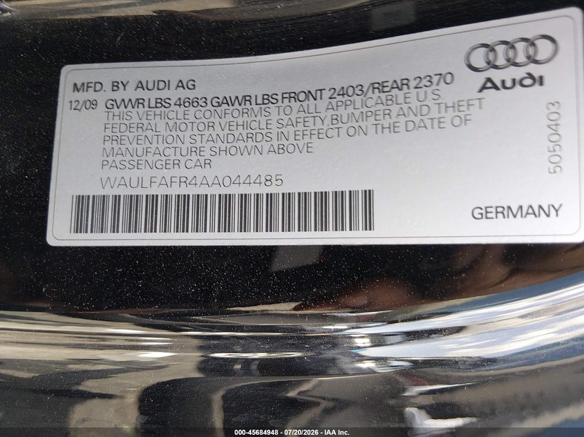 2010 Audi A5 2.0T Premium VIN: WAULFAFR4AA044485 Lot: 45684948