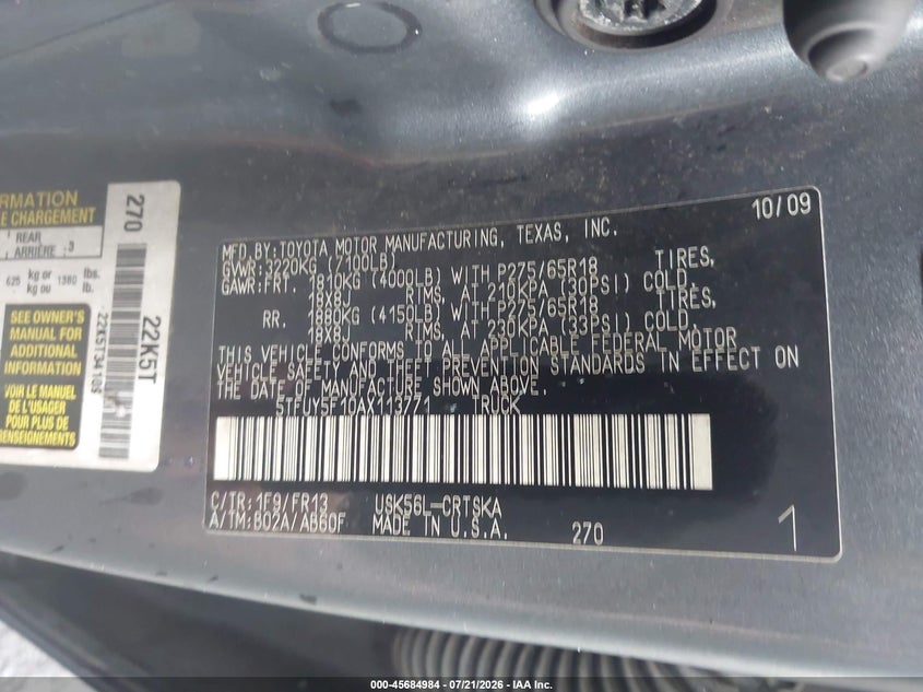 2010 Toyota Tundra Grade 5.7L V8 VIN: 5TFUY5F10AX113771 Lot: 45684984