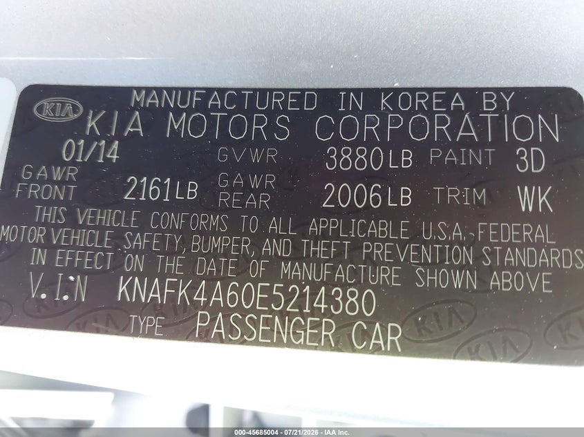 2014 Kia Forte Lx VIN: KNAFK4A60E5214380 Lot: 45685004