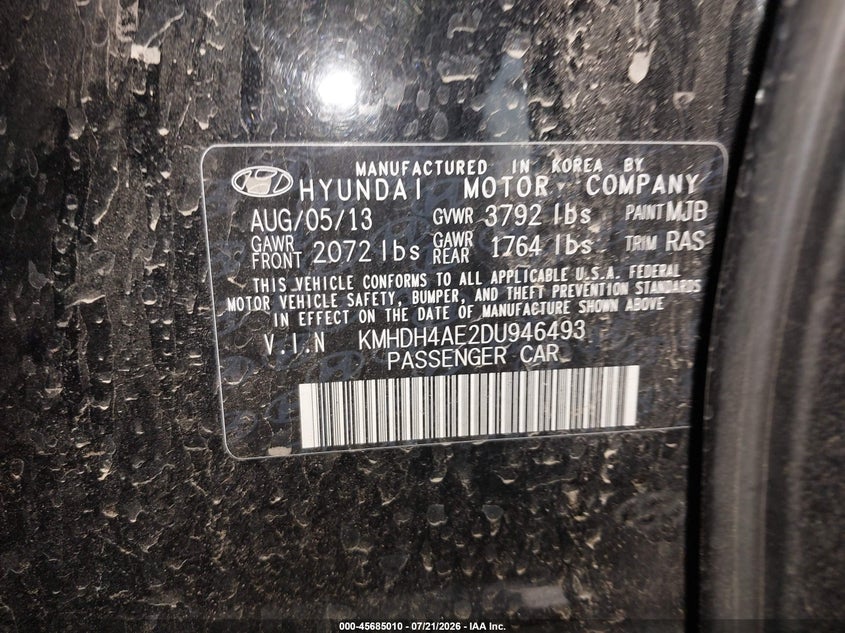 2013 Hyundai Elantra Gls VIN: KMHDH4AE2DU946493 Lot: 45685010