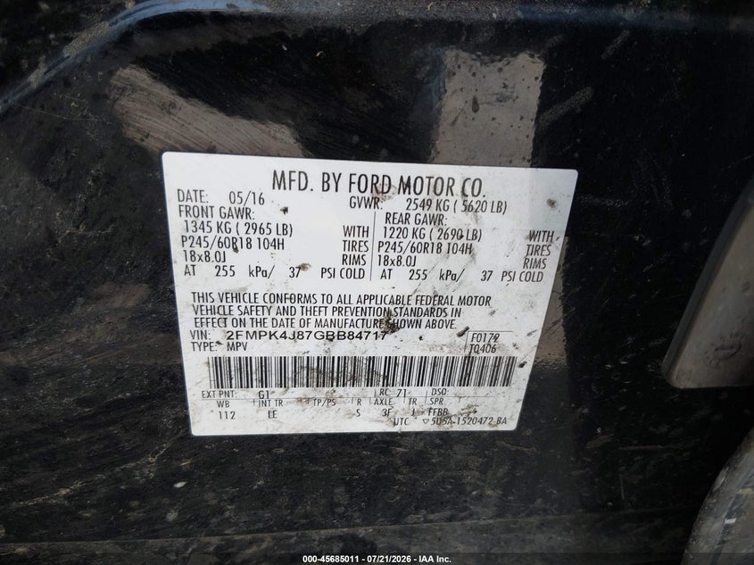 2016 Ford Edge Sel VIN: 2FMPK4J87GBB84717 Lot: 45685011