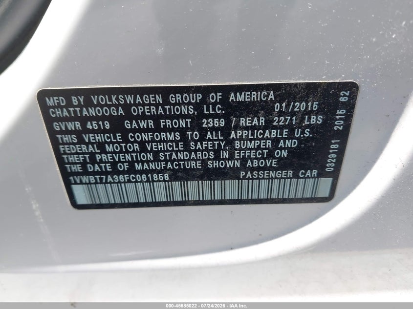 VOLKSWAGEN PASSAT 2015 VIN 1VWBT7A36FC061858