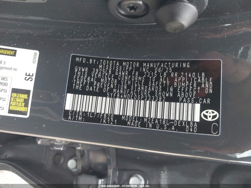 2025 Toyota Corolla Le VIN: 5YFB4MDE0SP333382 Lot: 45685045