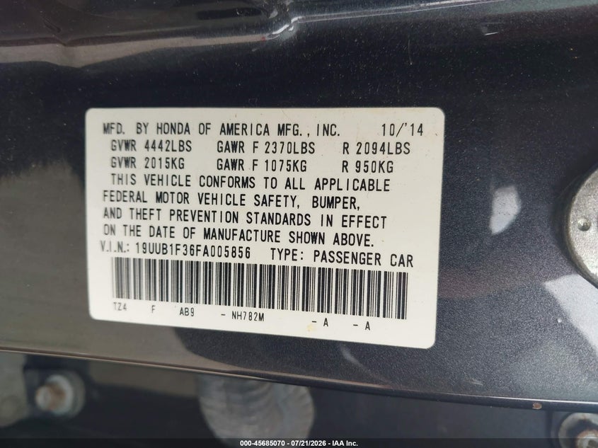 2015 Acura Tlx VIN: 19UUB1F36FA005856 Lot: 45685070