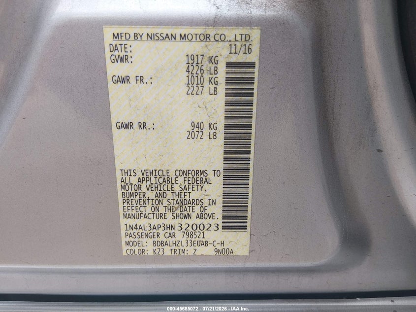 2017 Nissan Altima 2.5 Sr VIN: 1N4AL3AP3HN320023 Lot: 45685072